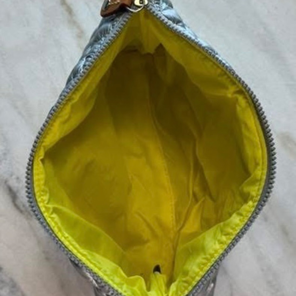 MZ Wallace Cosmetic Case Bag Tin Metallic Silver Neon Yellow Lining - Picture 2 of 3